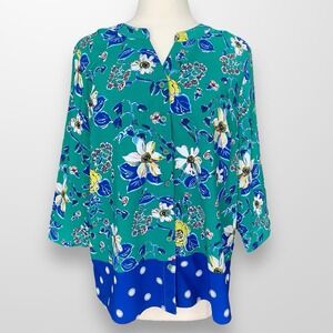 D & Co Size‎ Large Top Shirt Blouse BUtton Front 3/4 Sleeve Green Stretch